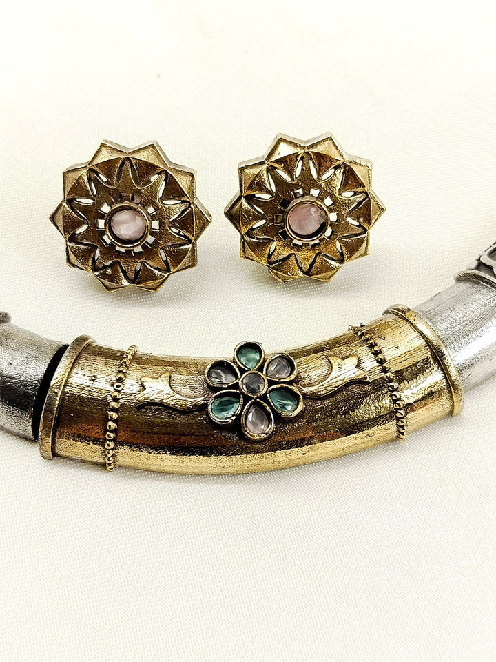 Pavani M&amp;G Oxidized Hasli Styled Choker Set - Brass Necklace