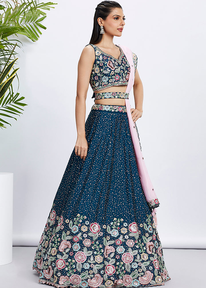 Prussian Blue Chiffon Lehenga Choli Adorned with Sequins & Thread Embroidery