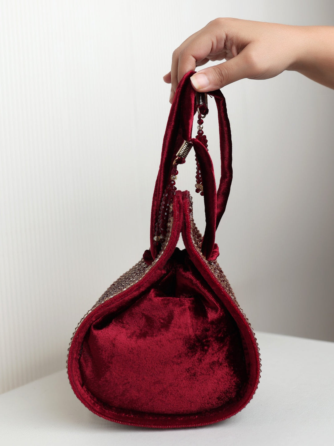 Marlee Maroon Velvet Golden Beaded Potli Bag