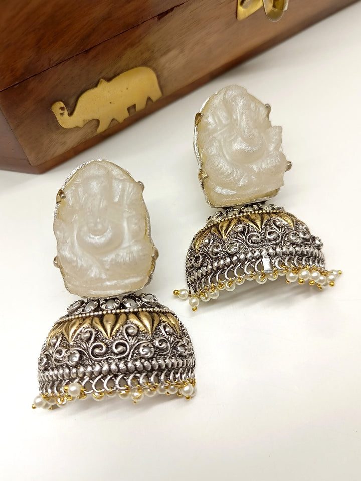 Bahrain Light Gray Ganesh Ji Oxidized Earrings