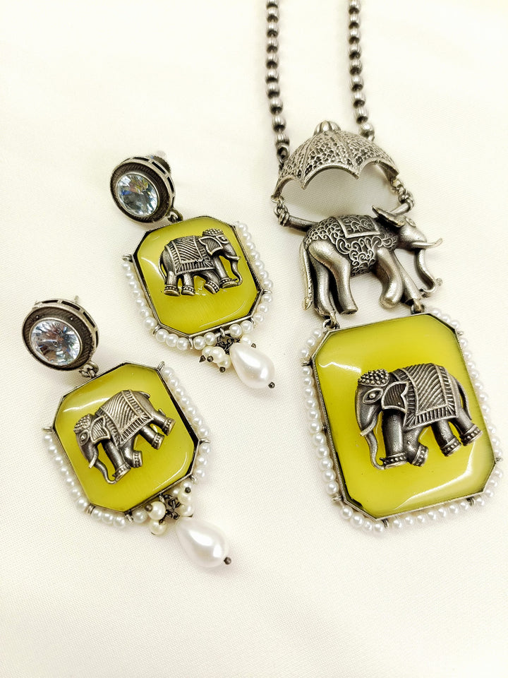 Pramila Yellow Oxidized Elephant Pendant Set