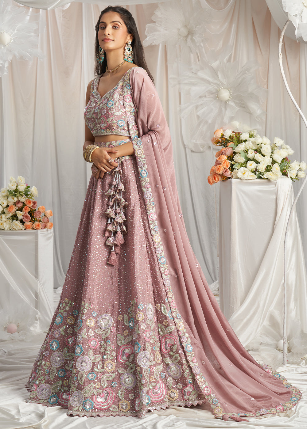 Rose Gold Pink Chiffon Lehenga Choli Adorned with Sequins & Thread Embroidery