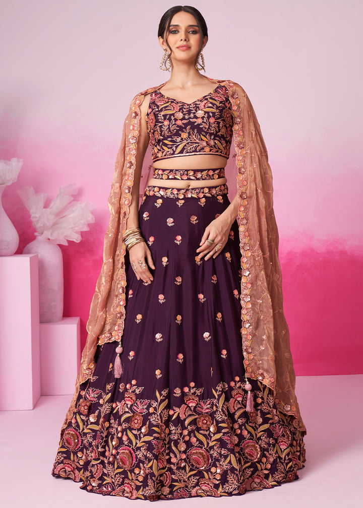 Eggplant Purple Chiffon Lehenga Choli Adorned with Sequins Embroidery Work