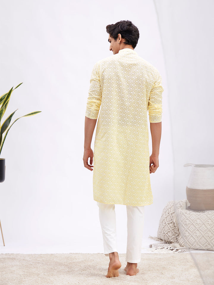 Sarvati Men's Yellow And White Cotton Kurta And Pyjama Set