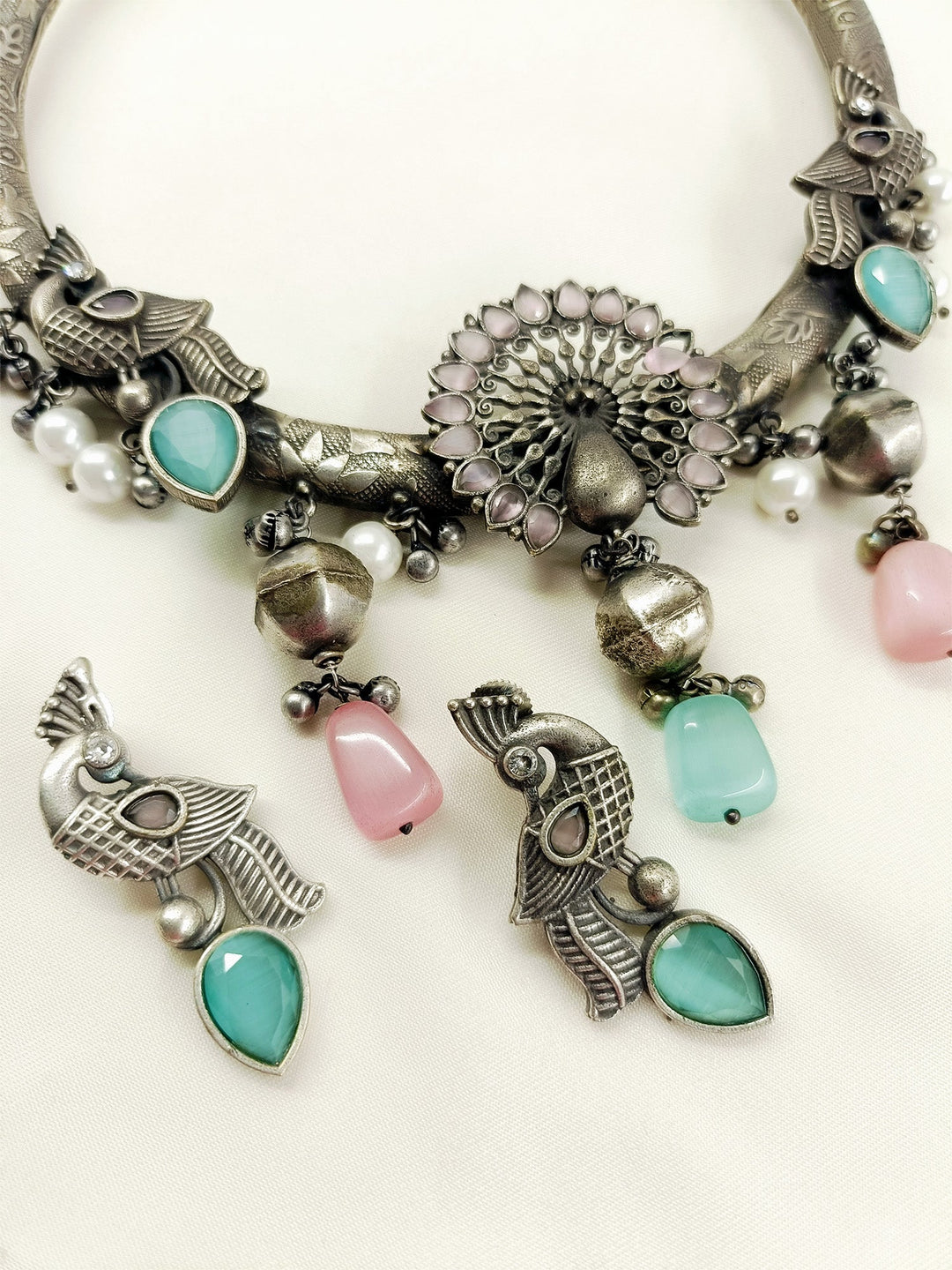 Chadni Baby Pink Peacock Oxidized Hasli Style Necklace Set