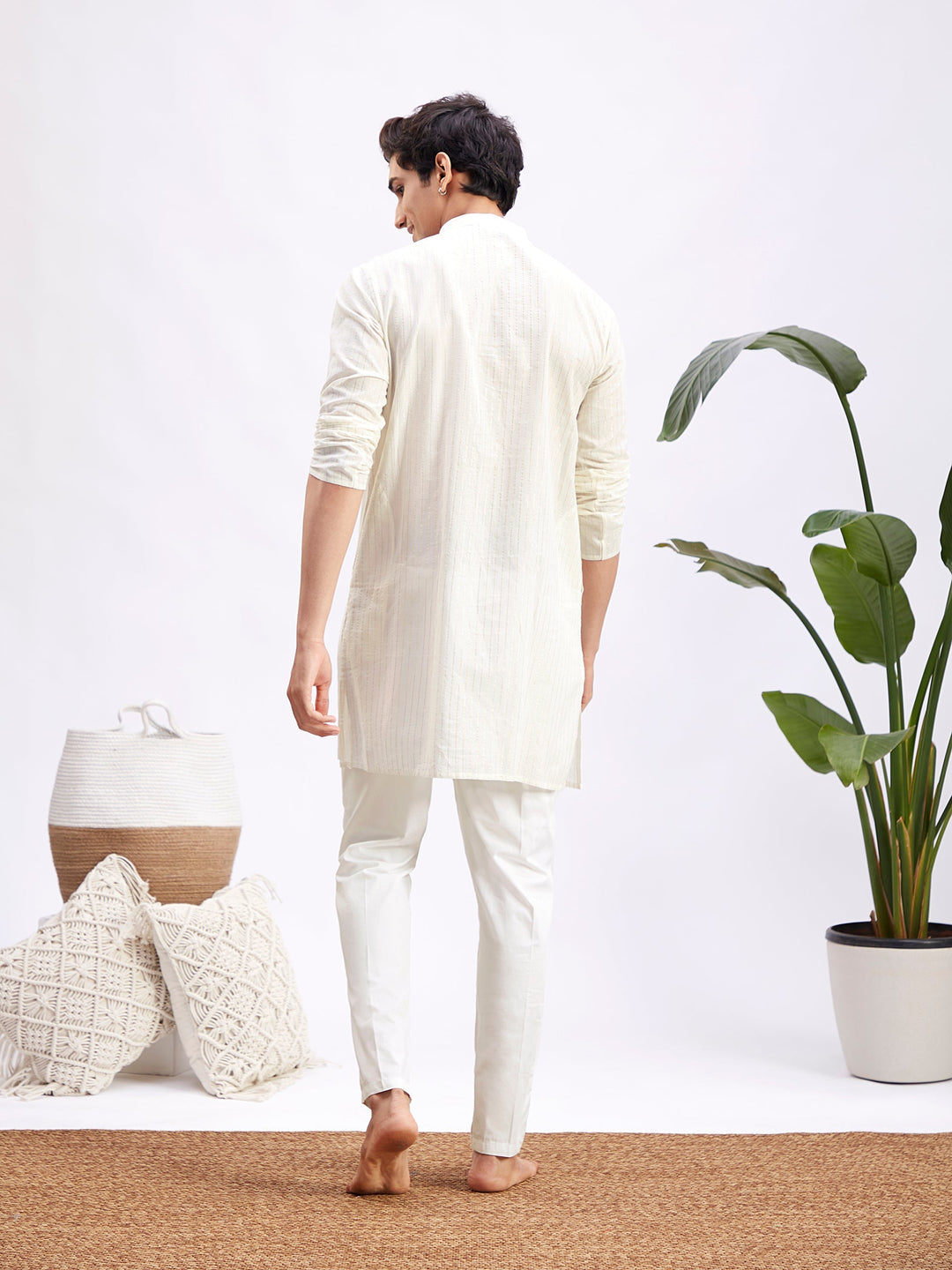 Sarvati Men's White Jacquard Cotton Kurta Pyjama Set