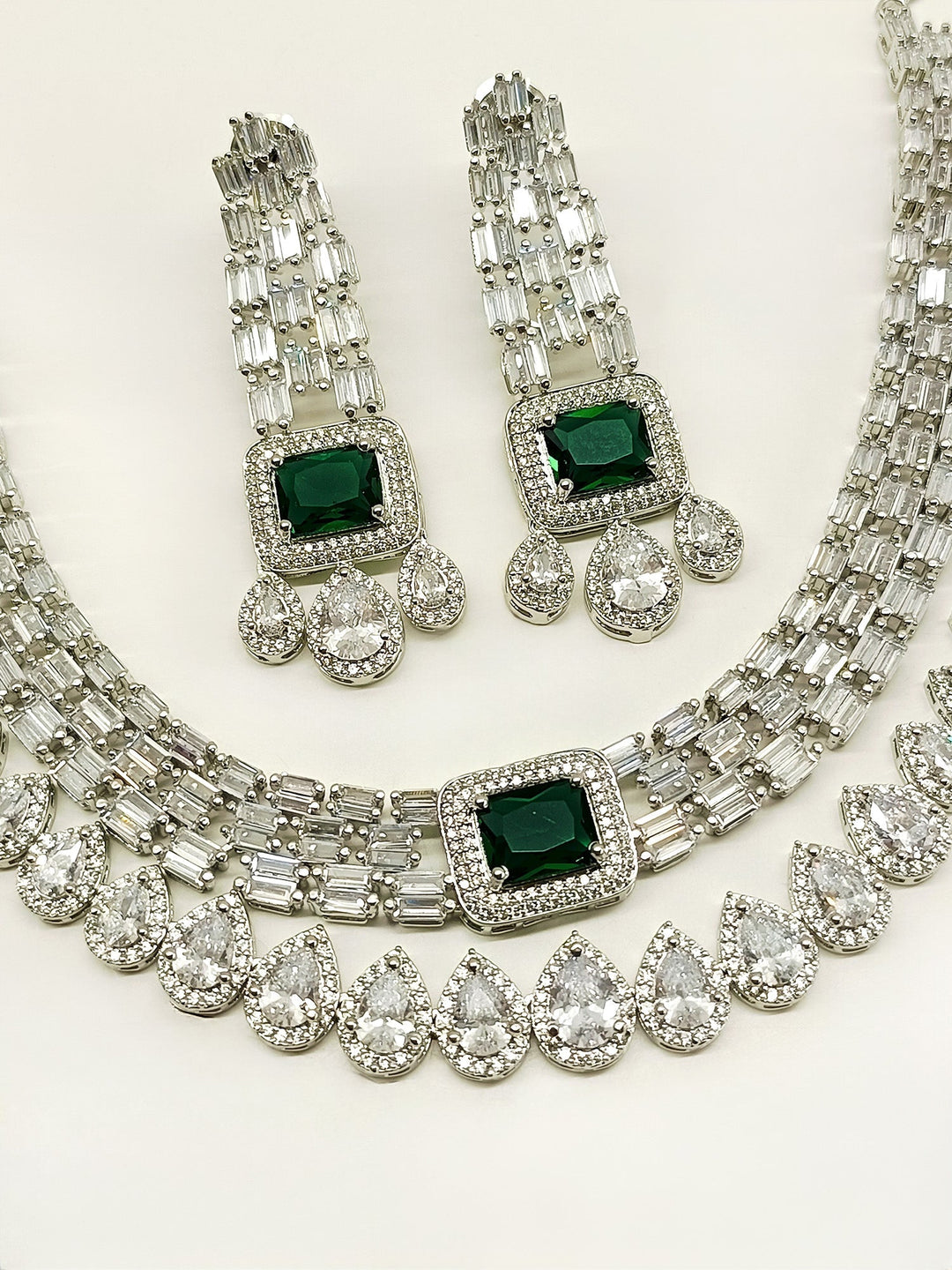 Shya Green Double Layer American Diamond Necklace Set