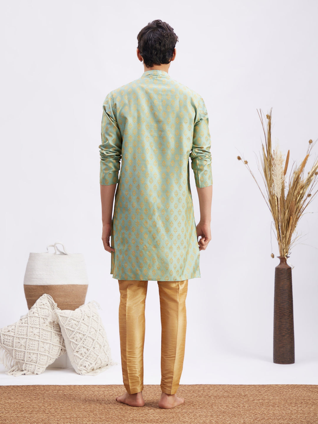 Sarvati Men's Mint Green and Rose Gold Woven Kurta Pant Set