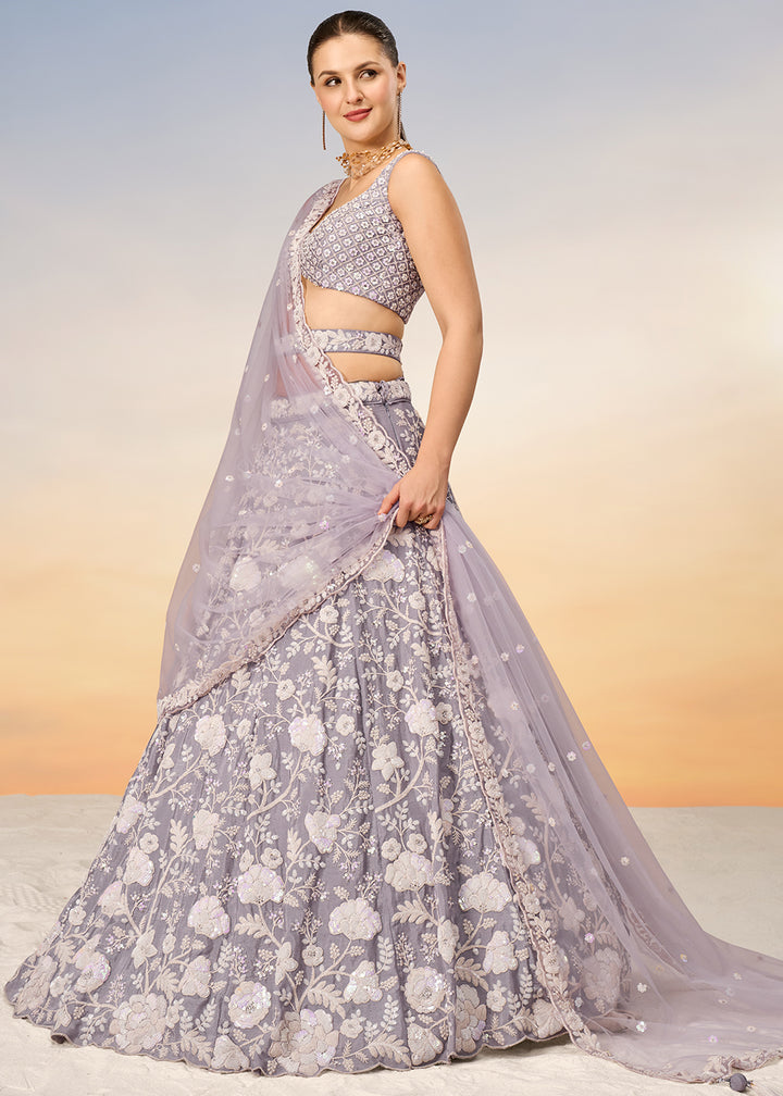 Periwinkle Purple Georgette Lehenga Choli Highlighted with Sequins & Zarkan Embroidery