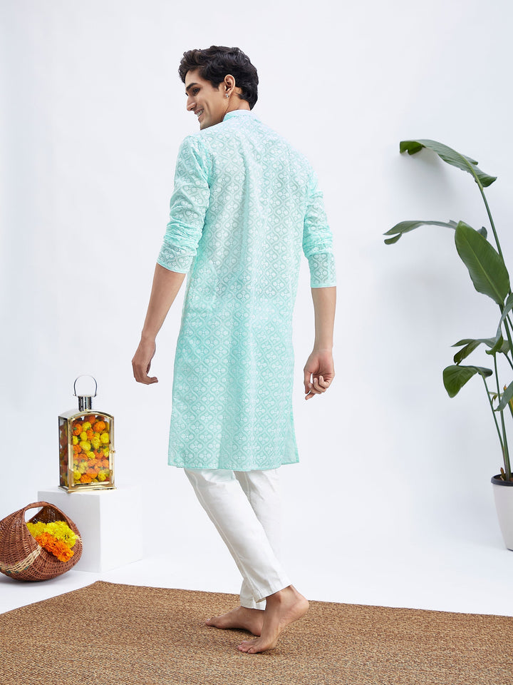 Sarvati Men's Green And White Cotton Kurta And Pyjama Set