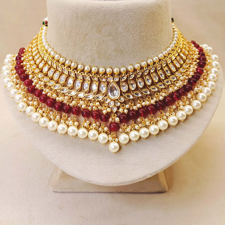 Minal Gold Plated Maroon Pearl Drop And Kundan Necklace Set