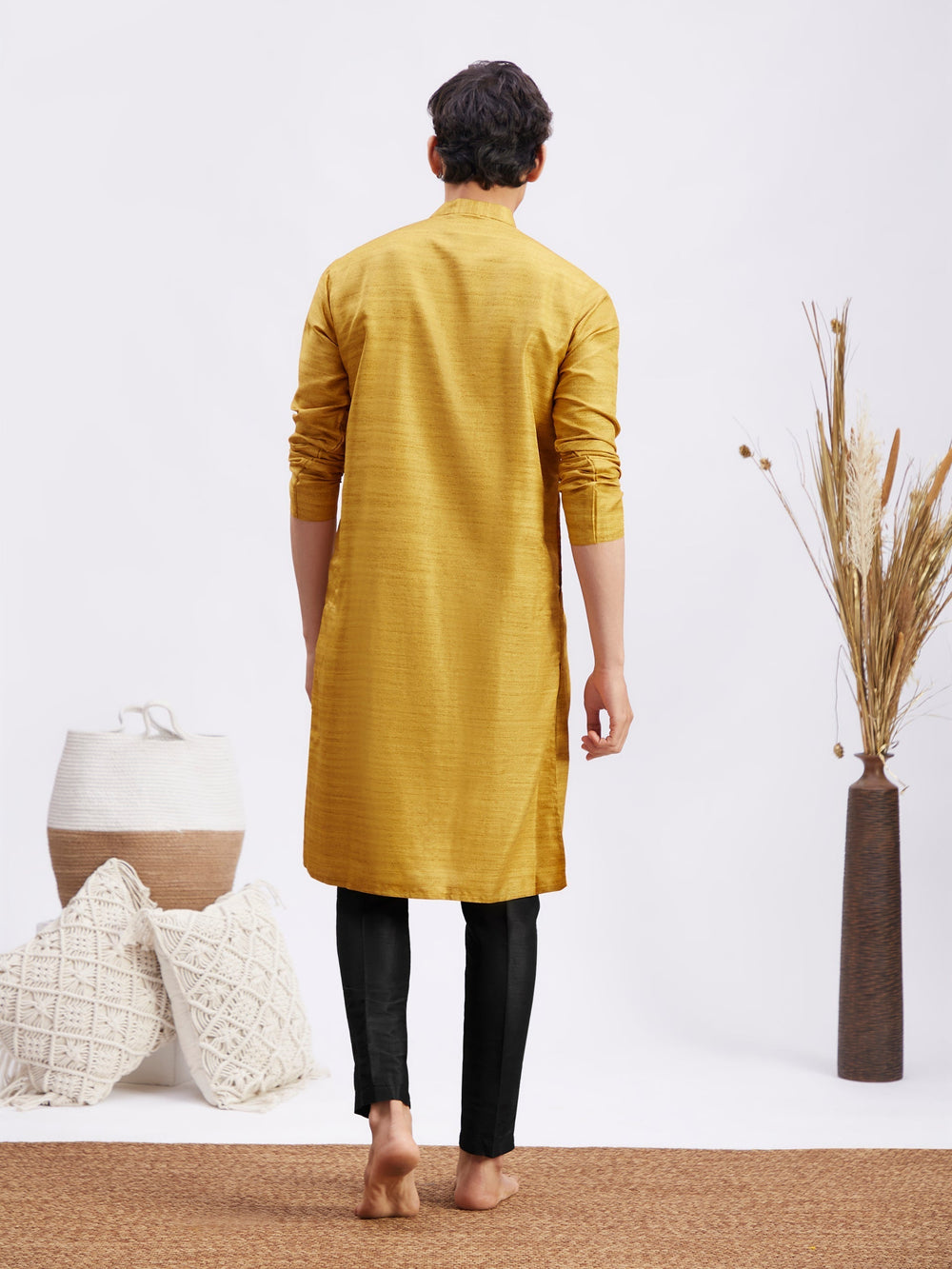 Sarvati Men's yellow Matka Silk Kurta and Black Pant Style Pyjama Set