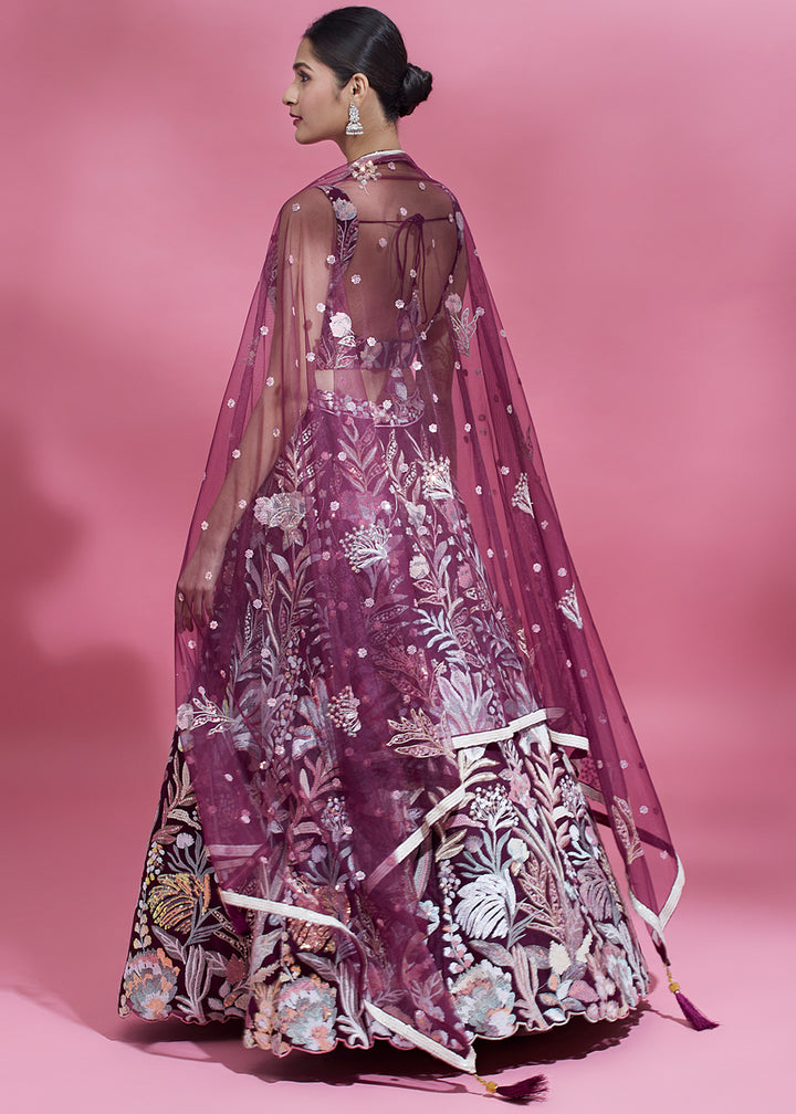 Byzantine Purple Net Lehenga Choli Adorned with Thread Embroidery and Sequins