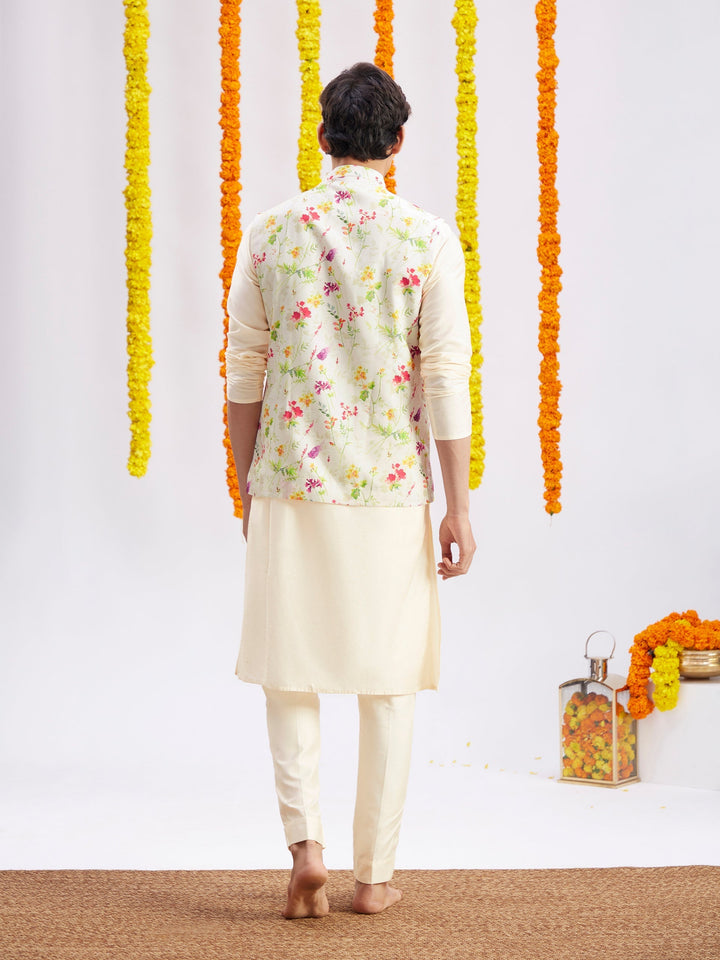 Sarvati Cream Printed Nehru Jacket And Cream Solid Kurta With Pyjama Set