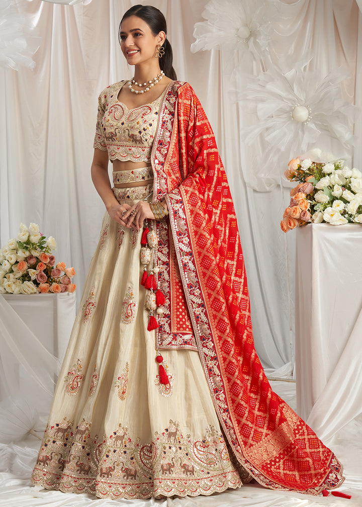 Cream White & Red Tissue Lehenga Choli Intricate with Gotapatti Embroidery Work