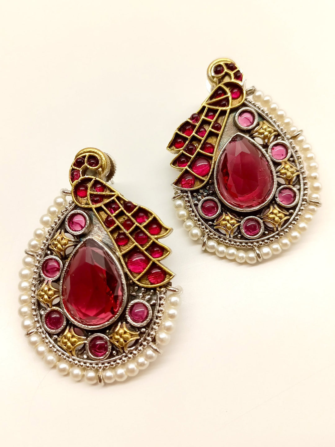 Konkana Maroon Peacock Oxidized Earrings