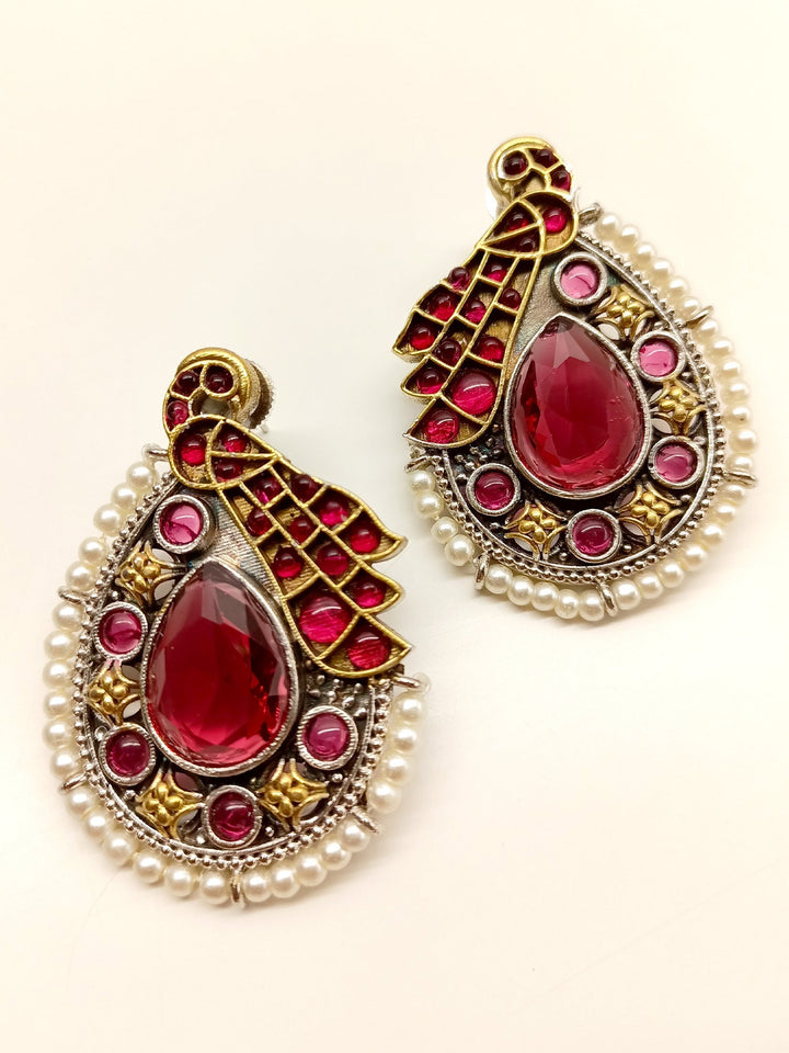 Konkana Maroon Peacock Oxidized Earrings