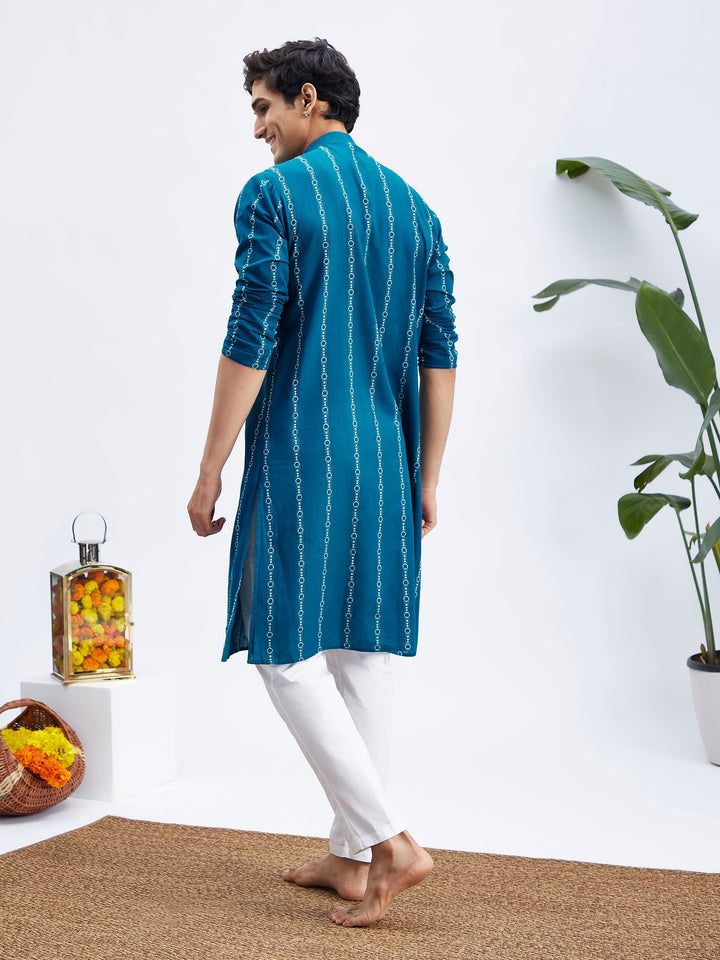 Sarvati Men's Blue denim Jacquard Kurta With White Pant Set