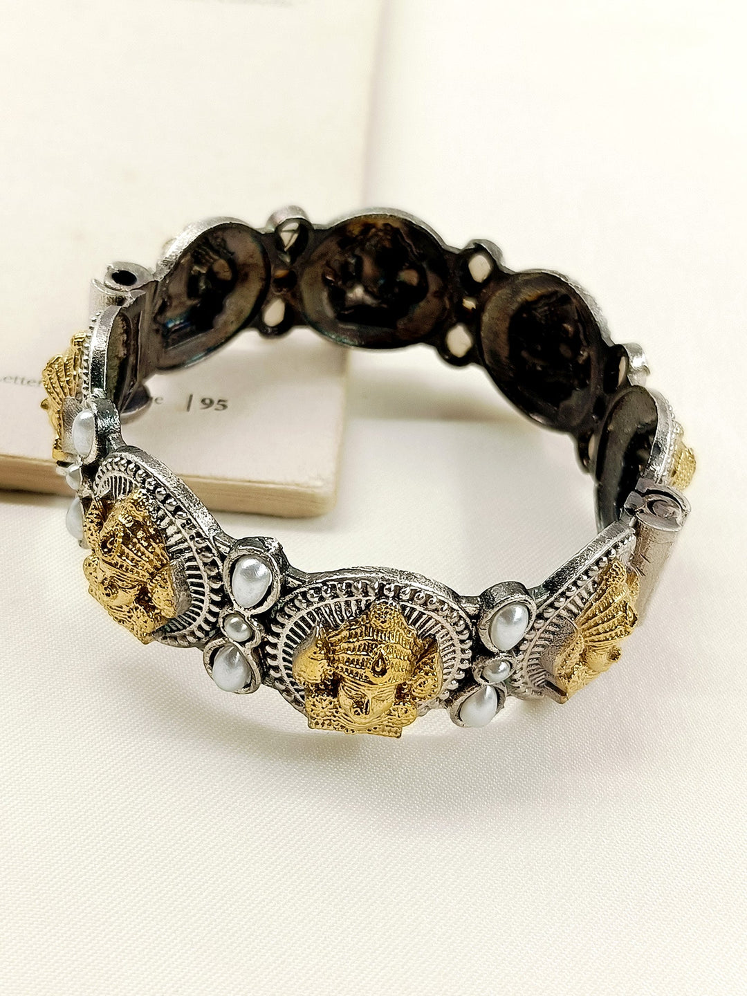 Radhya White Pearl Oxidized kada