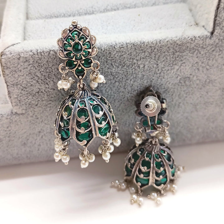 Surveen Silver Oxidised Green Jhumki