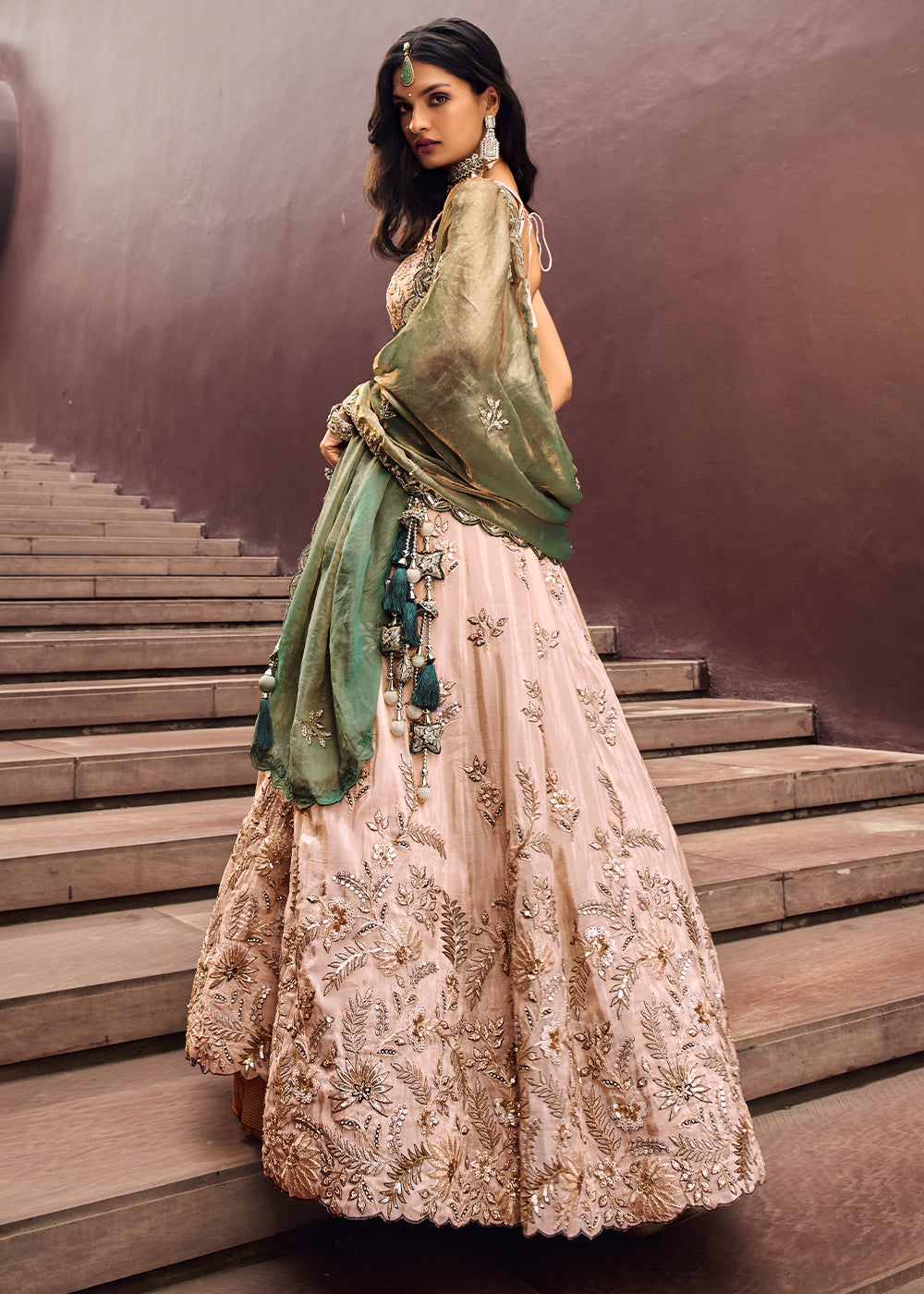 Pink & Green Viscose Rayon Lehenga Choli Adorned with Sequins Embroidery Work