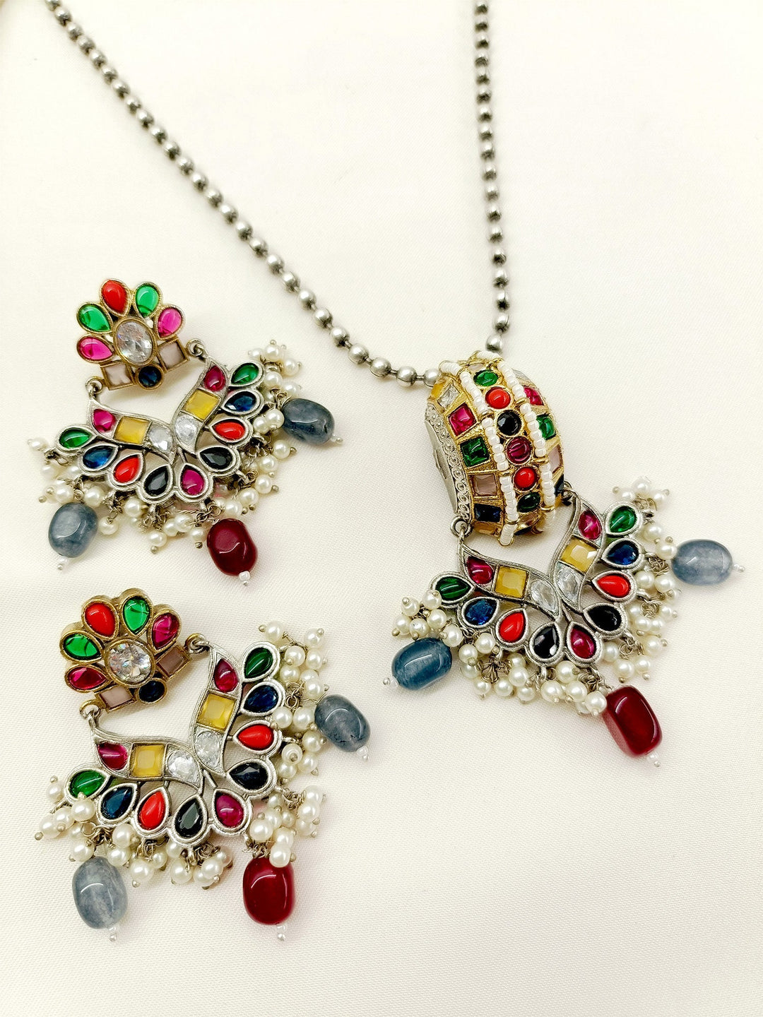 Beata Multi Colour German Silver Oxidized Pendant Set