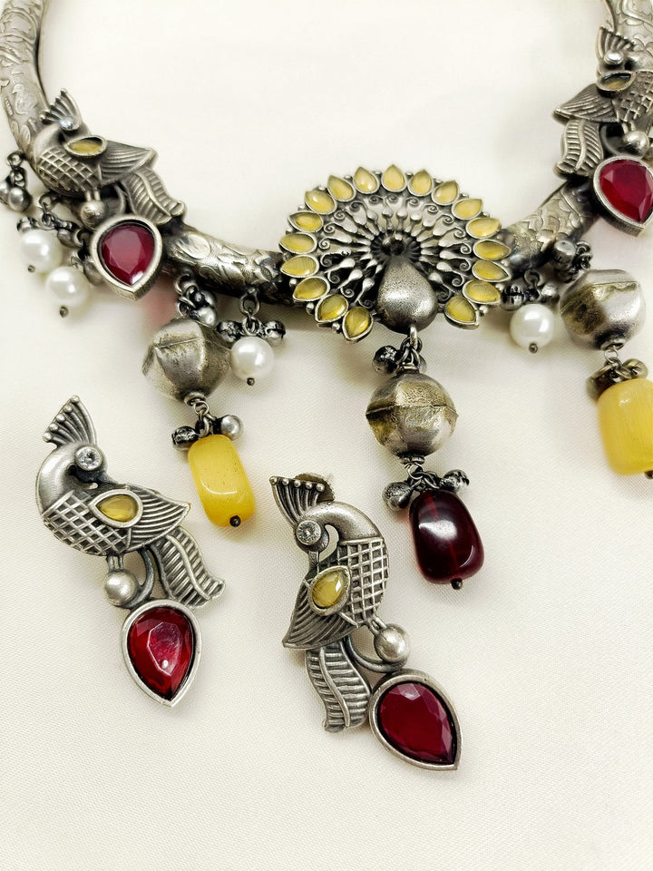 Padmavati Yellow Peacock Oxidized Hasli Style Necklace Set