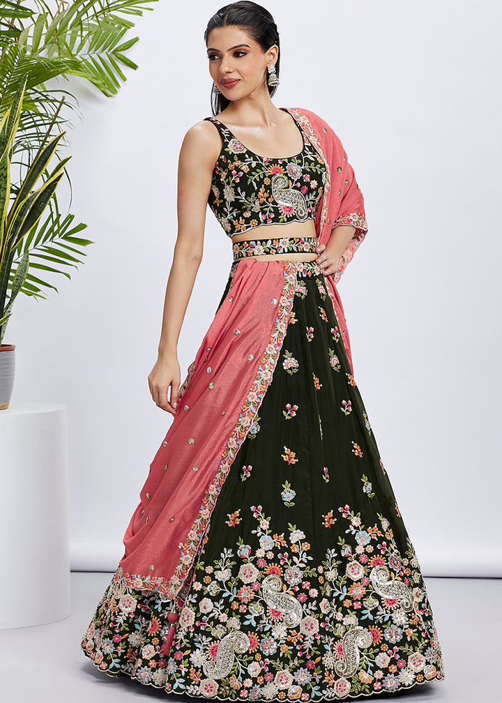 Dark Olive Green Georgette Lehenga Choli Adorned with Sequins & Thread Embroidery