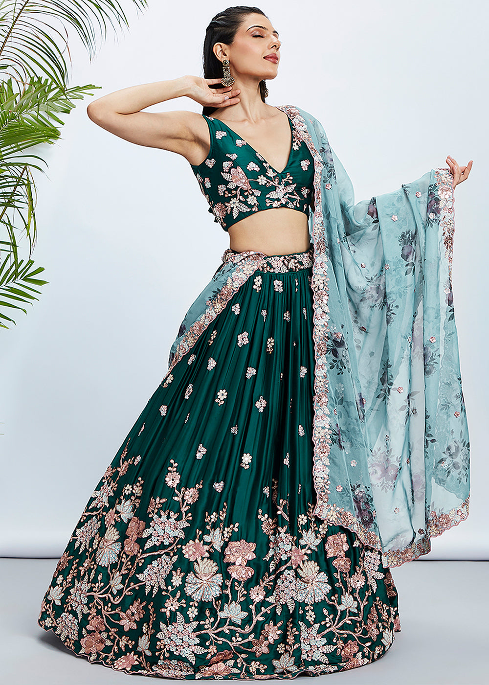 Kaitoke Green Georgette Lehenga Choli Highlighted with Sequins & Thread Embroidery