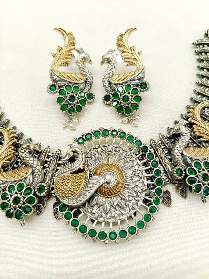 Honey Comb Green Peacock Oxidized Necklace Set