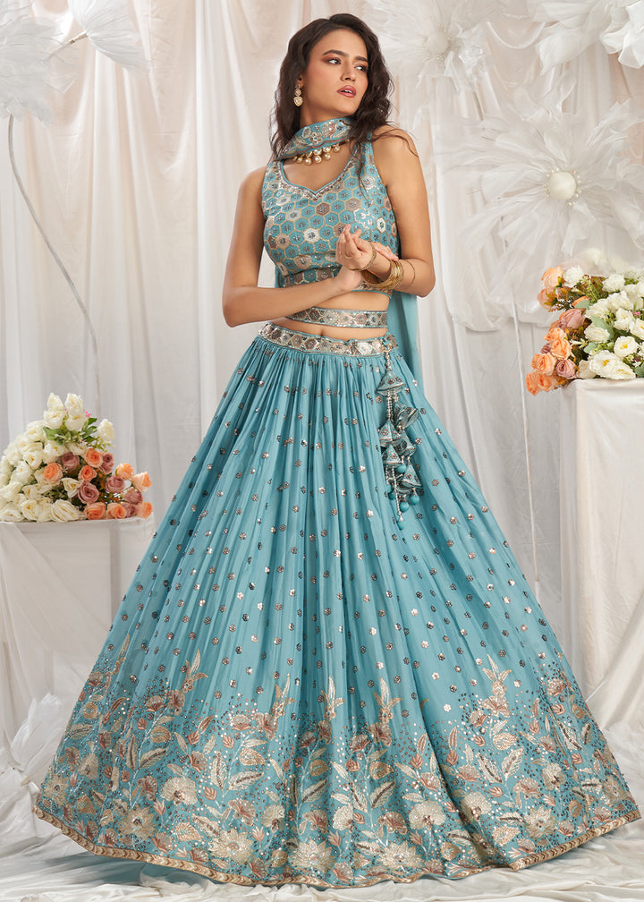 Turquoise Blue Georgette Lehenga Choli Adorned with Sequins Work