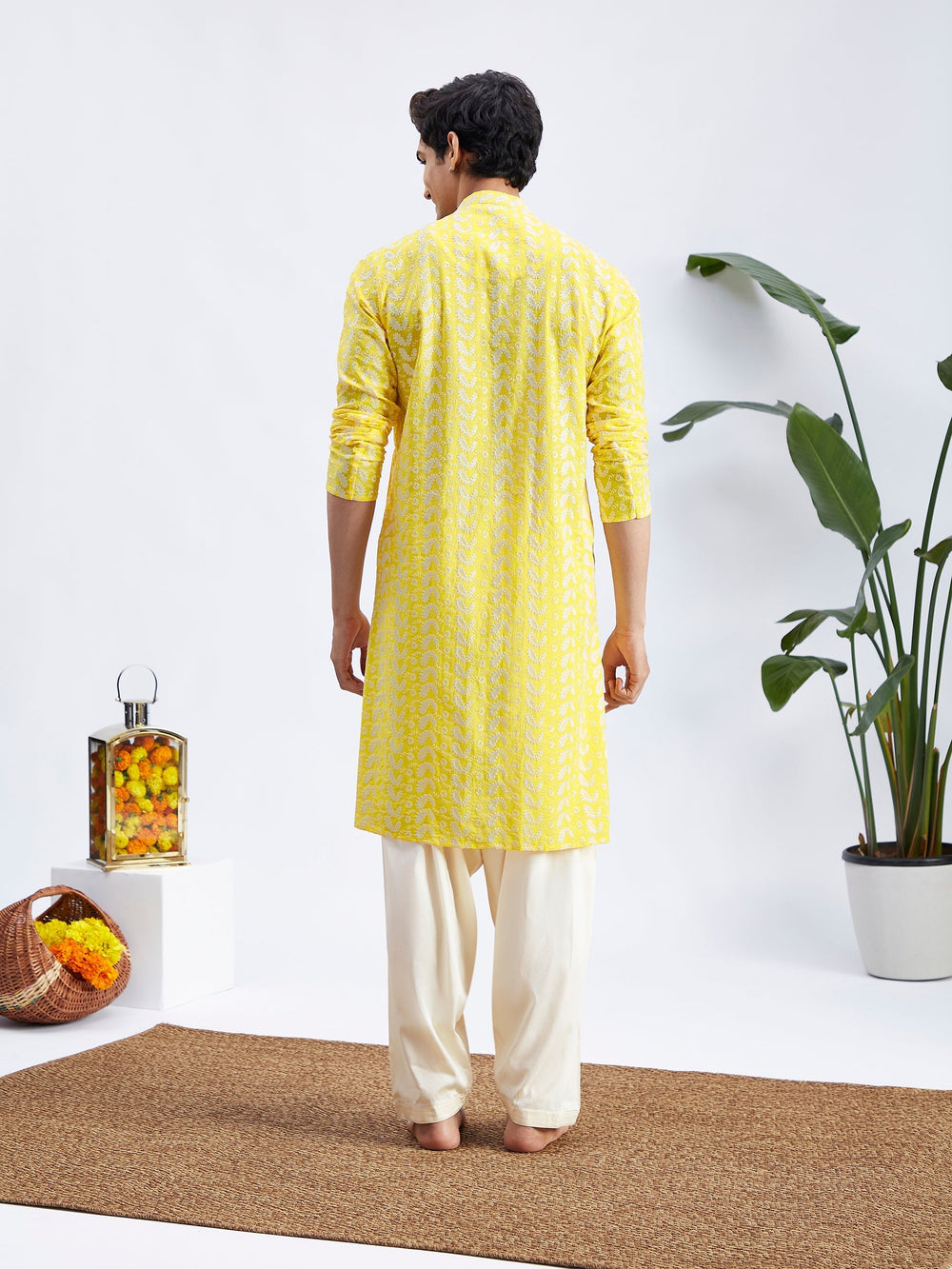 Sarvati Men's Mustard Pure Cotton Chikankari Kurta With Patiala set