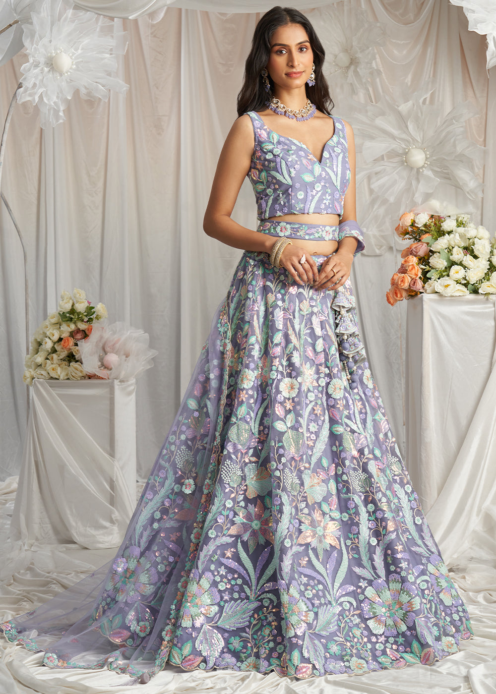 Lavender Purple Net Lehenga Choli Adorned with Sequins Embroidery Work