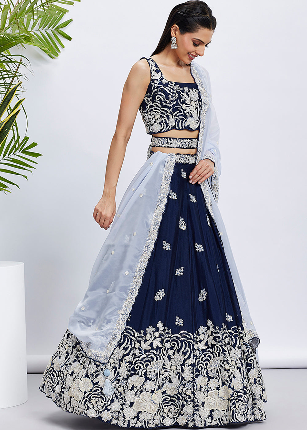 Berry Blue Georgette Lehenga Choli Adorned with Sequins & Thread Embroidery