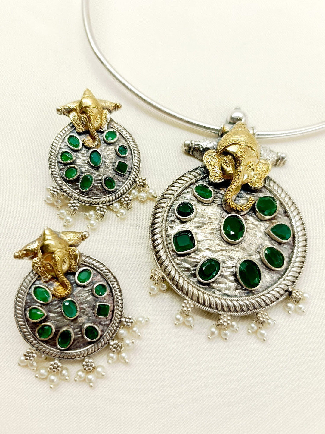 Namrata Green Ganesh Ji Oxidized Hasli Style Necklace Set