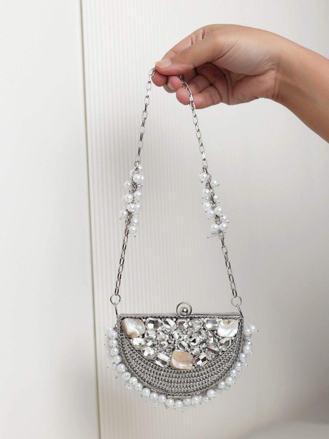 Kunjan Chaand Half Moon Silver Mini Metal Clutch