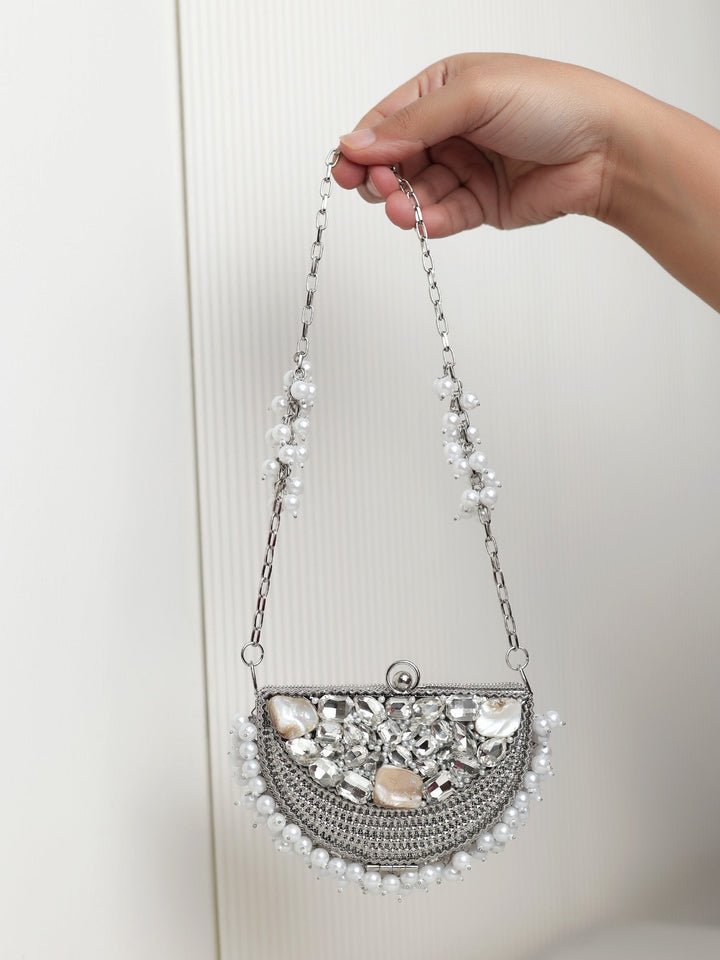Kunjan Chaand Half Moon Silver Mini Metal Clutch