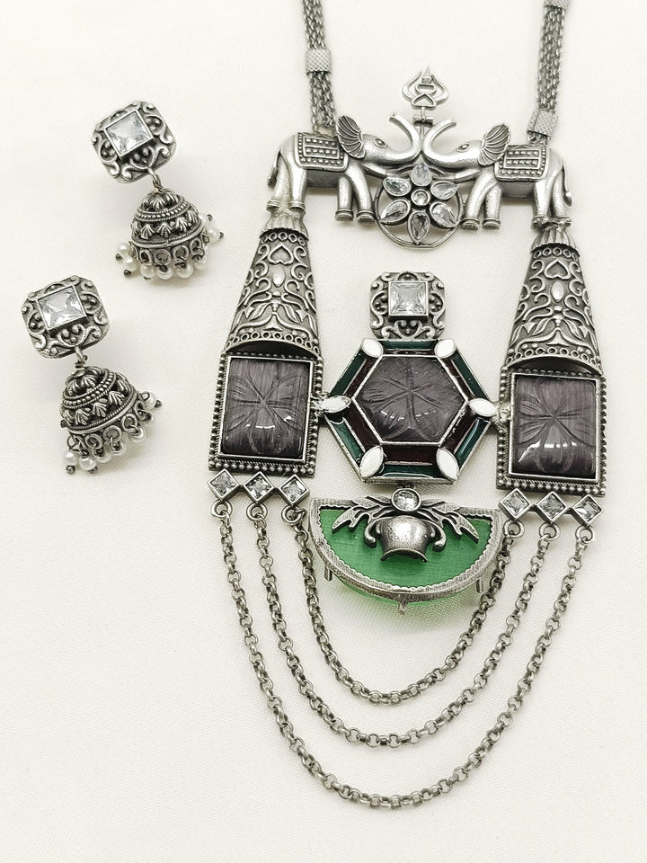 Qismat Grey Oxidized Pendant Set