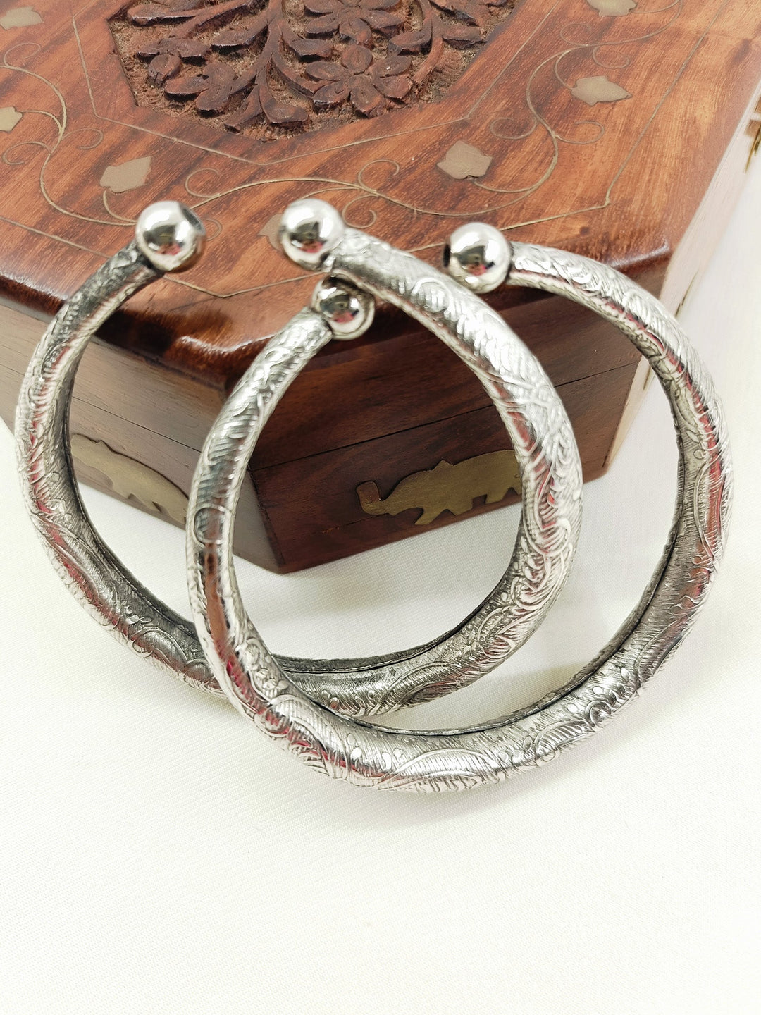Rishabh Oxidized Silver Carved Kada Pair for Men
