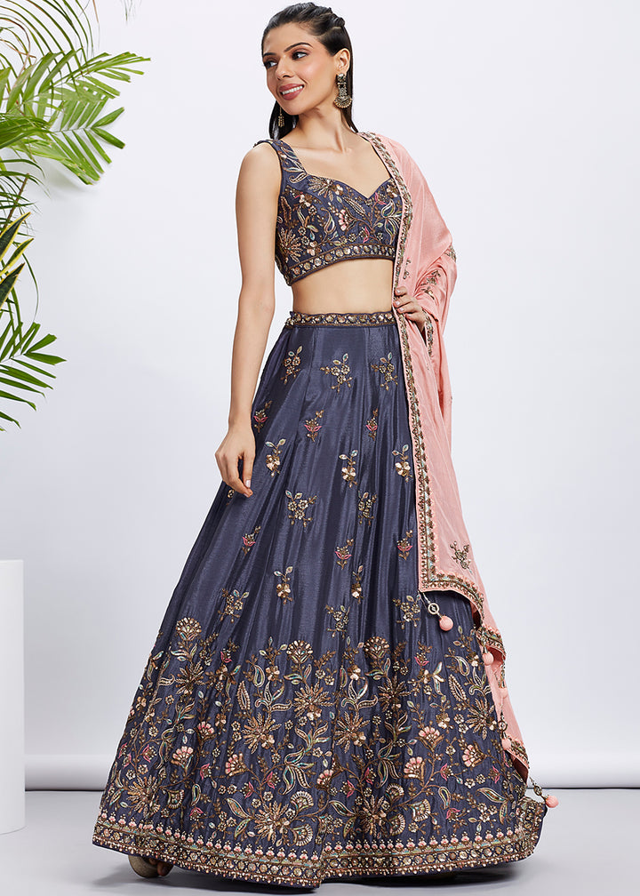 Royalty Purple Chiffon Lehenga Choli Adorned with Sequins & Thread Embroidery