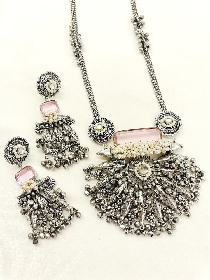 Piya Baby Pink Oxidized Pendant Set