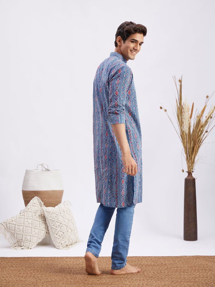 Sarvati Men's Indigo Printed cotton Kurta with White Pant set