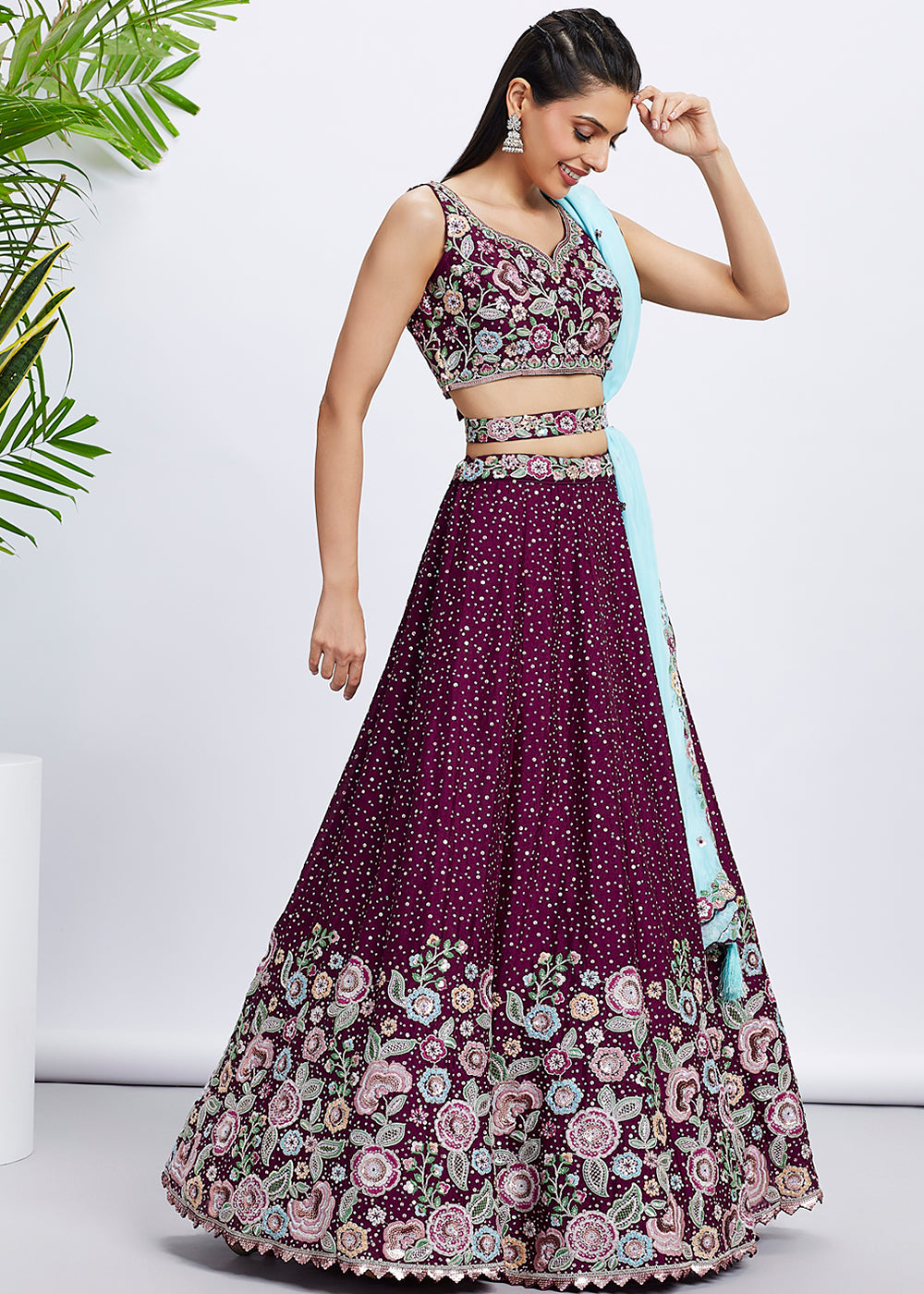 Jam Purple Chiffon Lehenga Choli Adorned with Sequins & Thread Embroidery