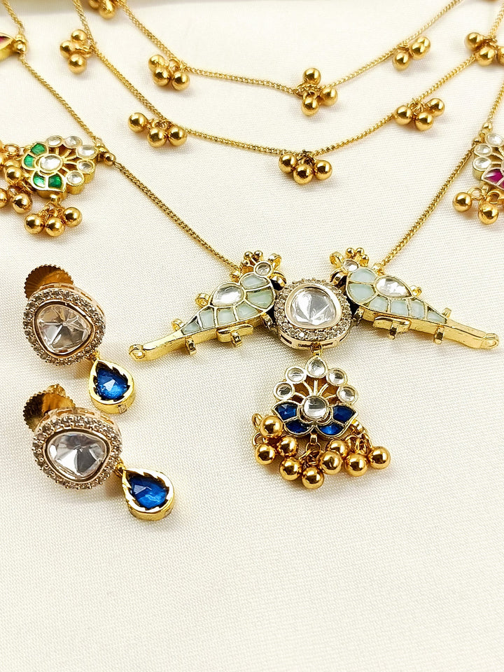 Hasini Mayura Multicolor 3 Layer Parrot Long Kundan Necklace Set