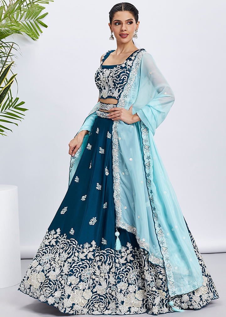 Teal Blue Georgette Lehenga Choli Adorned with Sequins & Thread Embroidery