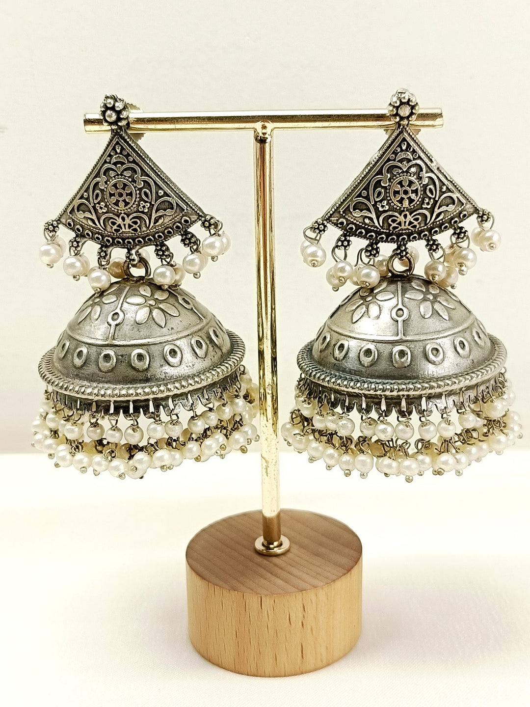 Chetaki White Pearl Oxidized Jhumki - Earrings