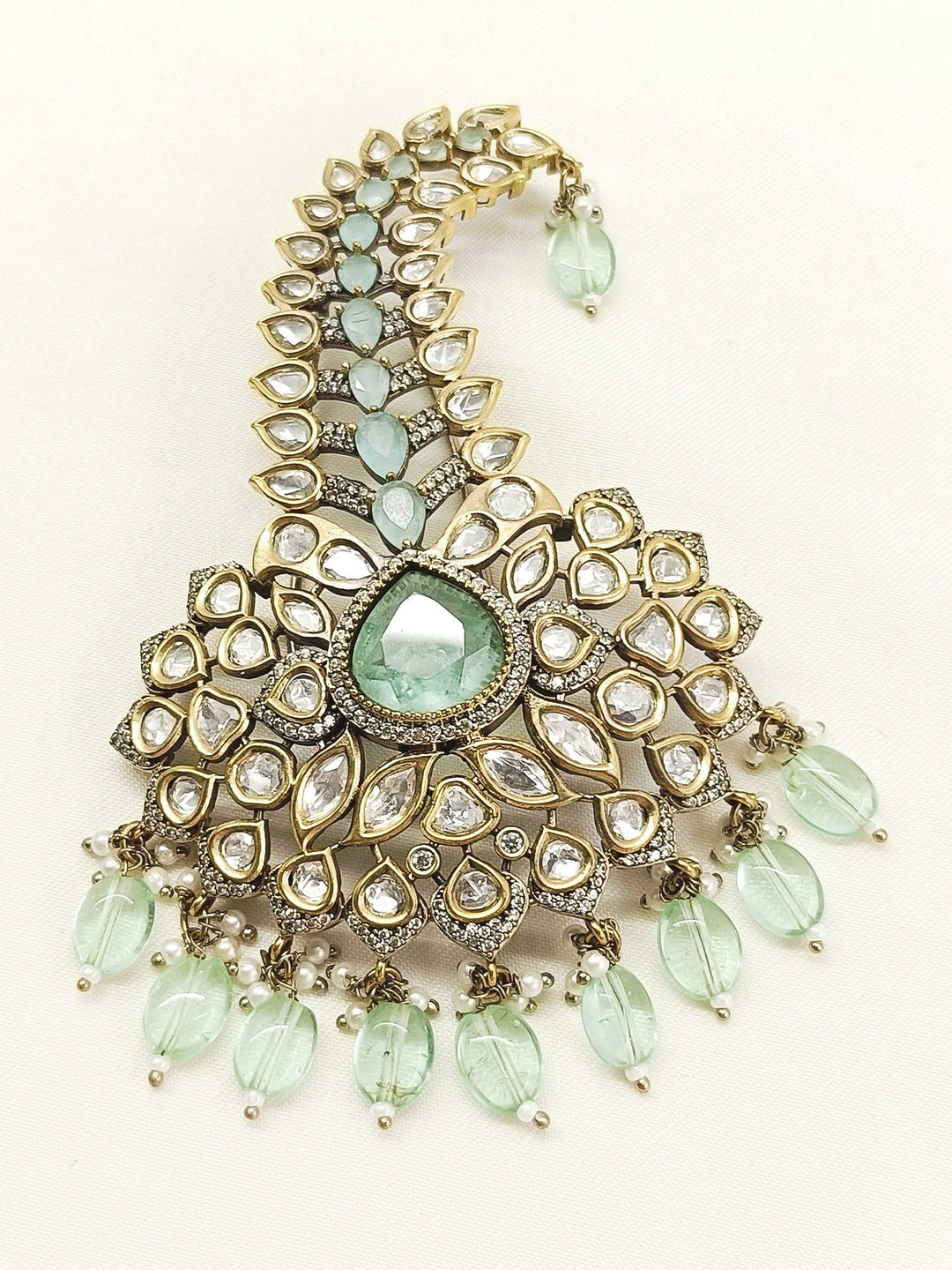 Sinha Mint Green Dulha Kalgi - 11 cm Antique Gold Plating