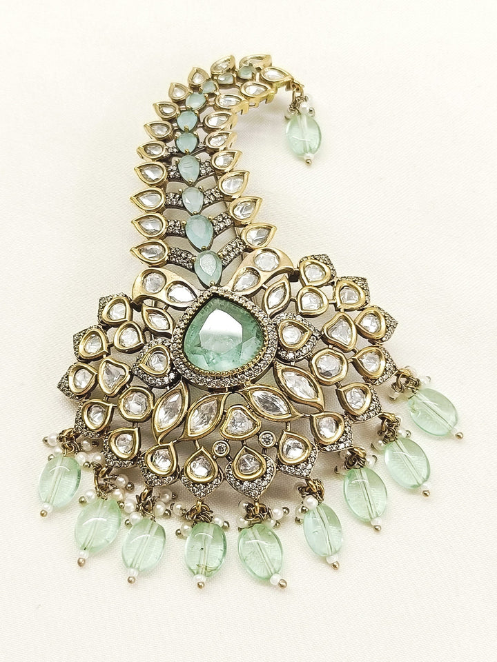 Sinha Mint Green Dulha Kalgi - 11 cm Antique Gold Plating