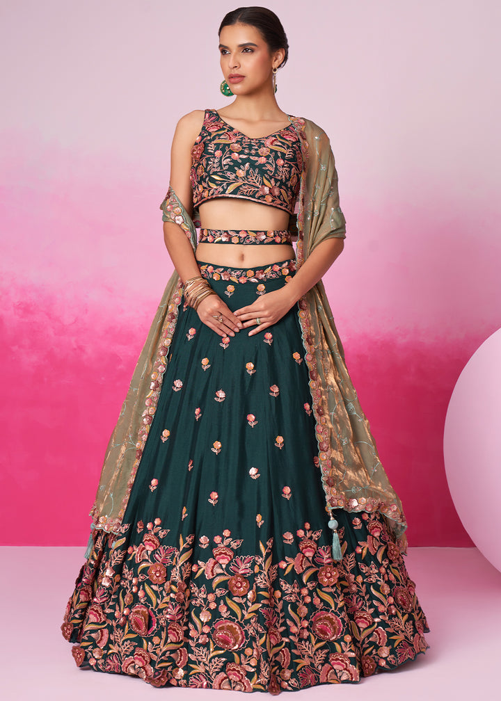 Sacramento Green Chiffon Lehenga Choli Adorned with Sequins Embroidery Work