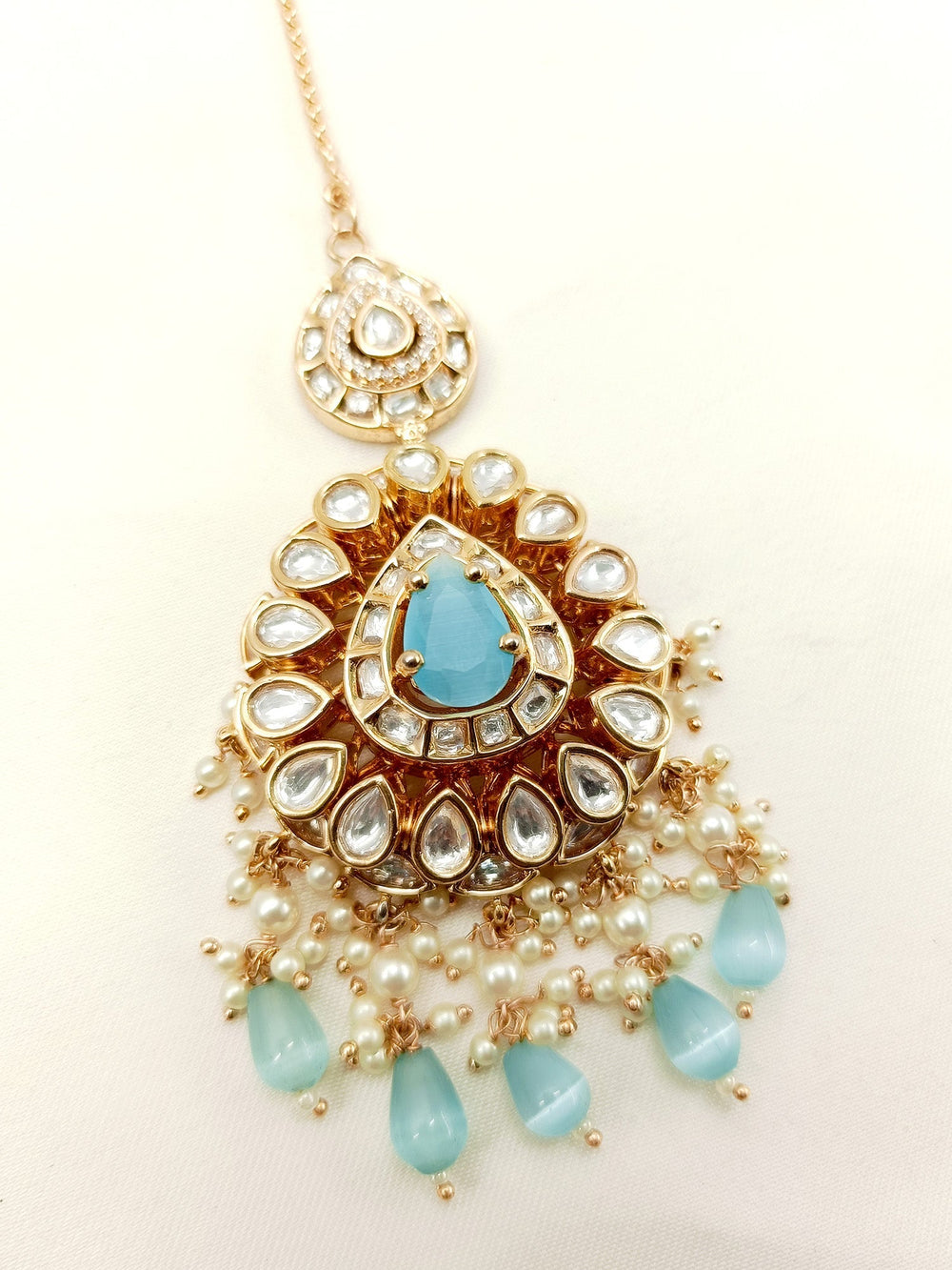 Zehreena Sky Blue Gold Plated Kundan Teeka